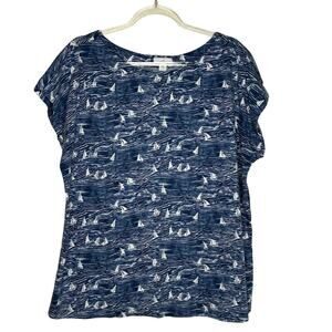 J Jill Womens Size Medium Navy Blue Sailboats Top Nautical Button Back Cotton